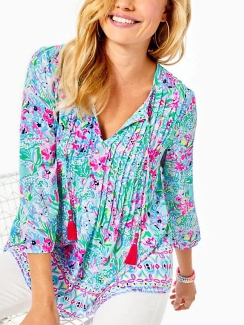 Lilly Pulitzer Aqua & Pink Floral Pintuck Tunic